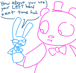 anthro bow_(feature) bow_tie duo female machine male puppet simple_background text the_weaver five_nights_at_freddy's scottgames sister_location funtime_freddy_(fnafsl) puppet_bonnie_(fnafsl) animatronic bear lagomorph leporid mammal rabbit robot 2016 english_text