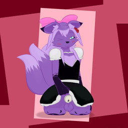 anthro balls bow_ribbon chastity_cage chastity_device clothing genitals maid_uniform male purple_body solo uniform ansia_(artist) canid canine fox mammal 1:1 hi_res