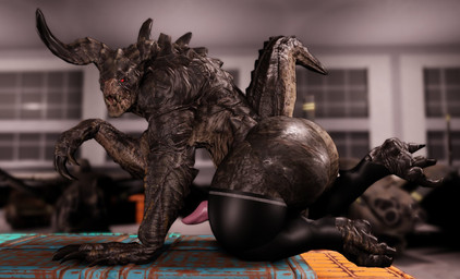 2_horns all_fours big_butt black_claws black_clothing black_legwear butt claws clothing erection genitals horn legwear male penis pink_penis red_eyes sharp_teeth side_view solo tail teeth thick_thighs willie_piv fallout microsoft enclaw_(willie_piv) deathclaw scalie 2025 3d_(artwork) digital_media_(artwork) english_description hi_res