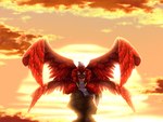 4_wings abs backlighting beak bottomwear clothing cloud detailed_background dusk feathered_wings feathers light loincloth male mostly_nude multi_wing muscular pecs red_body red_feathers resurreccion rock solo spread_wings sunset tattoo wings bleach_(series) abirama_redder arrancar avian hollow_(bleach) 4:3 lighting