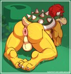 all_fours anus backsack balls genitals looking_at_viewer looking_back looking_back_at_viewer male muscular muscular_male presenting puffy_anus smile solo aeolius bowser_day mario_bros nintendo bowser koopa scalie