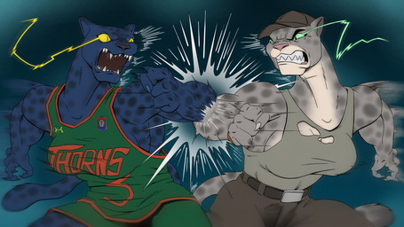 action_pose angry anthro basketball_clothing basketball_jersey basketball_shorts basketball_uniform belt belt_buckle blue_body bottomwear breasts buckle clashing claws clothed clothing duo eye_trail female fight fist fur green_eyes grey_body grin hat headgear headwear impact_effect looking_at_another markings melanistic motion_lines muscular muscular_anthro muscular_female open_mouth pants pose sharp_teeth shirt shorts simple_background smile sport sportswear spots spotted_body spotted_fur tail tank_top teeth text text_on_clothing topwear torn_clothing uniform wrinkled_nose wristband yellow_eyes metrosaurus dreamworks goat_(movie) sony_corporation sony_pictures the_bad_guys jett_fillmore kitty_kat_(the_bad_guys) felid jaguar leopard mammal pantherine snow_leopard absurd_res digital_drawing_(artwork) digital_media_(artwork) hi_res signature