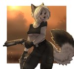 anthro black_body black_fur blue_eyes breasts clothed clothing crop_top detailed_background dual_wielding fangs female fur gloves gun hair handgun handwear holding_object holding_weapon multicolored_body multicolored_fur nipple_outline open_mouth open_smile ranged_weapon revolver shirt smile solo teeth topwear two_tone_body two_tone_fur under_boob weapon white_body white_fur white_hair tashalisets tasha_lisets canid canine fox mammal hi_res