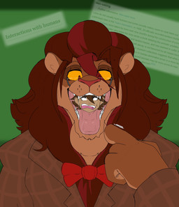 almost_fully_inside ambiguous_gender anthro anthro_pred bodily_fluids body_outline bow_(feature) bow_tie brown_body brown_fur brown_hair clothed clothing dominant drooling duo eyewear fangs fur glasses hair human_prey larger_anthro larger_male last_look male male/ambiguous neck_bulge open_mouth oral_vore peril predator/prey prey_in_mouth saliva saliva_on_tongue saliva_string sharp_teeth simple_background size_difference smaller_ambiguous smaller_human smile swallowing teacher_pred teeth text tongue tongue_out topwear unwilling_prey vore yellow_eyes lunarcoilzone wikipedia felid human lion mammal pantherine 2025 digital_media_(artwork) english_text hi_res