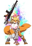 anthro bent_over big_breasts blonde_hair blue_eyes bottomwear bow_ribbon breasts claws cleavage clothed clothing collar digitigrade ear_tuft fangs female fingerless_gloves fluffy fluffy_tail footwear gloves gun hair handwear heterochromia holding_object holding_weapon jacket knee_pads legwear multicolored_body open_mouth ranged_weapon red_eyes shorts simple_background smile solo tail teeth text thick_thighs thigh_highs toeless_footwear topwear tuft two_tone_body weapon teteteko combat_cat_studio wild_assault akai_hime_(wild_assault) canid canine fox mammal true_fox 2024 character_name english_text