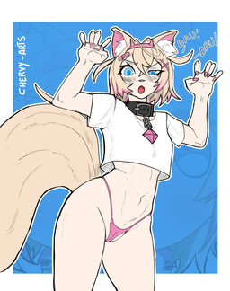5_fingers abstract_background anthro big_tail blonde_hair blue_eyes claws clothing collar crop_top eyelashes female finger_claws fingers fluffy fluffy_tail fur hair highlights_(coloring) inner_ear_fluff long_tail looking_at_viewer multicolored_hair navel pink_claws pink_clothing pink_hair pink_highlights pink_thong pink_underwear shirt short_hair solo t-shirt tail tan_body tan_fur text thong topwear tuft two_tone_hair underwear white_clothing white_shirt white_t-shirt white_topwear chervyarts hololive hololive_en vtuber mococo_abyssgard canid canine canis domestic_dog mammal 2025 artist_name digital_drawing_(artwork) digital_media_(artwork) hi_res watermark