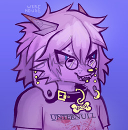 anthro band_shirt blood blood_splatter bodily_fluids collar collar_tag dog_tags dragon_horn ear_piercing eyewear facial_piercing flesh_tunnel gauged_ear glasses gradient_background hair horn labret_piercing lip_piercing male messy_hair multiple_piercings piercing simple_background solo wavy_hair wearing_glasses werehouse mythology vash_the_stampede canid canine canis domestic_dog dragon mammal mixed_breed mythological_creature mythological_scalie scalie wolf hi_res icon