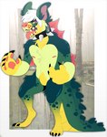 anthro arm_frill arm_tuft black_claws black_piercing cheek_tuft chest_tuft claws collar digitigrade dorsal_frill ear_piercing facial_tuft featureless_crotch frill_(anatomy) front_view fur gauged_ear gloves_(marking) gradient_fur green_body green_ears green_fur green_tail hair leg_markings leg_tuft looking_at_viewer male markings messy_hair nipples open_mouth pawpads piercing red_frill red_inner_ear red_nipples red_nose red_pawpads red_tongue shoulder_tuft socks_(marking) solo spiked_collar spiked_tail spikes spikes_(anatomy) standing stud_piercing tail teeth tongue tongue_out tuft white_hair white_piercing yellow_body yellow_fur yellow_teeth princelykaden hybrid