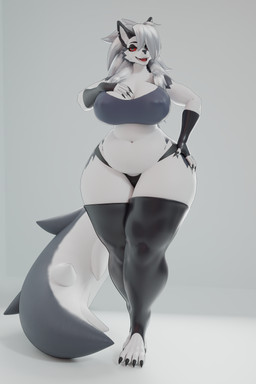 anthro belly big_breasts breasts clothed clothing female fur huge_breasts huge_hips huge_thighs red_sclera simple_background smile solo thick_thighs white_body white_fur wide_hips raguda hellaverse helluva_boss loona_(helluva_boss) canid canid_demon canine demon mammal 2:3 3d_(artwork) absurd_res digital_media_(artwork) hi_res