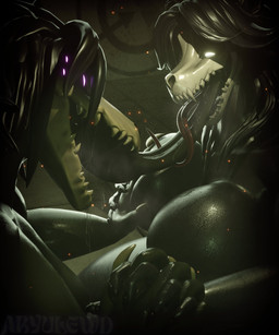 6_eyes anthro anthro_on_anthro big_breasts black_body black_hair black_sclera bone breast_fondling breast_play breasts duo extreme_french_kiss female female/female fondling french_kissing glistening glistening_body glowing glowing_eyes hair hand_on_breast interlocked_fingers kissing long_tongue multi_eye nude nude_anthro nude_female purple_eyes skull skull_head tongue white_eyes aryulewd da.nilkaz_(modeler) scp_foundation scp-1471-a scp-682 canid canine mammal reptile scalie skulldog_(species) 2026 3d_(artwork) 5:6 digital_media_(artwork) hi_res