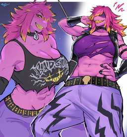 5_fingers abs anthro belt belt_buckle big_breasts black_clothing black_nails blonde_highlights blush bodily_fluids breasts buckle choker clothing collar colored_nails detailed_background drumstick_(musical) female fingers freckled_breasts freckles gold_(metal) hair hair_over_eye hair_over_eyes hand_on_belly highlights_(coloring) jacket jacket_vest jewelry latex latex_clothing muscular muscular_female nails necklace pink_body pink_hair purple_clothing shadowed_eyes sharp_teeth shirt sleeveless_clothing sleeves solo sweat sweaty_abs tank_top teeth tomboy topwear torn_clothing torn_topwear under_boob vest yellow_eyes yellow_teeth suurin_2 deltarune undertale_(series) susie_(deltarune) lizard reptile scalie 2025 absurd_res digital_drawing_(artwork) digital_media_(artwork) hi_res signature