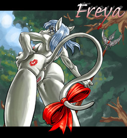 accessory anthro anus biped blue_hair bow_(feature) bow_accessory bow_ribbon breasts butt cloud detailed_background female forest furgonomics genitals grey_eyes hair looking_at_viewer markings melee_weapon nature nipples nude outside plant polearm ribbons sky solo spear standing tail tail_accessory tail_anus tail_bow tail_ribbon tree vulva weapon wood kandlin final_fantasy final_fantasy_ix square_enix freya_crescent burmecian mammal rodent