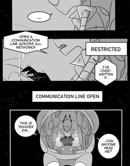 antennae_(anatomy) bald chair clothed clothing dialogue earless furniture gloves handwear male not_furry on_chair sad sitting solo spacecraft speech_bubble text topwear vehicle voot_runner inimoose invader_zim nickelodeon zim_(invader_zim) alien alien_humanoid humanoid irken comic digital_media_(artwork) english_text hi_res monochrome