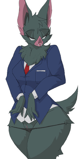 anthro blue_clothing blue_suit breasts clothed clothing crossgender fangs female fur genitals grey_body grey_fur looking_away mtf_crossgender necktie red_necktie short_tail simple_background solo suit tail teeth vulva white_background sepiruth dispatch sonar_(dispatch) bat mammal 2025 hi_res