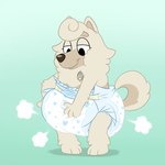 anthro big_diaper clean_diaper clothed clothing diaper diaper_fetish diaper_only female fur hair simple_background smile solo tail topless wearing_diaper fang29 bluey_(series) wendy_(bluey) canid canine canis chow_chow domestic_dog mammal spitz digital_media_(artwork) hi_res