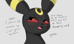 ambiguous_gender black_body black_eyes blush dialogue dirty_talk eyebrows eyelashes feral grey_background looking_up multicolored_body open_mouth open_smile quadruped red_sclera simple_background smile solo text tongue yellow_body arteficialtrees nintendo pokemon eeveelution generation_2_pokemon pokemon_(species) umbreon english_text