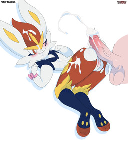 anthro balls blush bodily_fluids butt clothing cum cum_on_butt cum_on_face duo faceless_character faceless_human faceless_male female fur genital_fluids genitals human_on_anthro humanoid_genitalia humanoid_penis interspecies male male/female on_style one_eye_closed penis pokephilia torn_clothing vulva white_body white_fur sarox nintendo pokemon cinderace generation_8_pokemon human mammal pokemon_(species) 2026 absurd_res hi_res