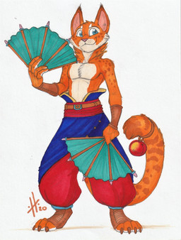 accessory anthro bell blue_bottomwear blue_clothing blue_eyes bottomwear brown_claws cheek_tuft claws closed_smile clothed clothing facial_spots facial_tuft front_view fur furgonomics glistening glistening_eyes hand_fan head_tuft looking_aside male male_anthro markings mouth_closed neck_tuft orange_body orange_fur red_bottomwear red_clothing simple_background slim_anthro slim_male smile solo spots spotted_arms spotted_face spotted_markings spotted_tail standing tail tail_accessory tail_bell tail_markings toe_claws topless tuft white_background white_body white_fur hufnaar domestic_cat felid feline felis mammal 2020 dated full-length_portrait hi_res portrait