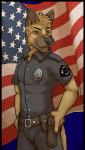 anthro biped clothed clothing gun handgun male pistol police police_uniform ranged_weapon smile solo standing uniform weapon amixeduppuppy canid canine mammal