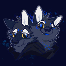 anthro black_clothing black_eyes black_nose black_topwear blue_body blue_fur blue_pupils blue_spots cheek_tuft closed_smile clothed clothing duo facial_spots facial_tuft fangs fur grey_body grey_fur male markings mouth_closed narrowed_eyes pupils simple_background smile spots spotted_body spotted_face spotted_fur teeth topwear tuft unsigned yellow_sclera asnnonaka crow_(asnnonaka) magpie_(asnnonaka) canid canine canis coyote mammal 1:1
