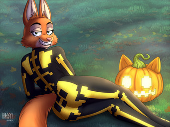 anthro arm_support bodysuit butt clothing cosplay eyebrow_piercing eyebrows eyelashes facial_piercing female food fruit fur grass green_eyes inner_ear_fluff lying on_side orange_body orange_fur piercing plant pumpkin skinsuit smile solo tan_body tan_fur tight_clothing tuft heresy_(artist) dreamworks epic_games fortnite the_bad_guys diane_foxington spice_(fortnite) canid canine fox mammal 2025 4:3