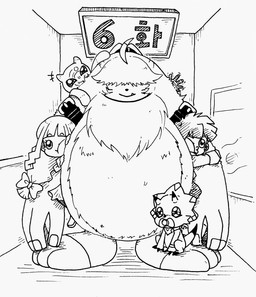 anthro elevator facial_horn female group hair hair_over_eyes horn humor male nose_horn pacifier tail shy0yaan bandai_namco digimon digimon_ghost_game hiro_amanokawa ruri_tsukiyono angoramon ceratopsian digimon_(species) dinosaur gammamon human jellymon mammal ornithischian prehistoric_species reptile scalie hi_res monochrome