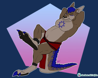 anthro bottomwear clothing digitigrade fur loincloth lying male markings multicolored_body multicolored_fur on_tail tattoo tribal tribal_markings tribal_tattoo codyf0xx skoll_(skoll_theroo) kangaroo macropod mammal marsupial alpha_channel