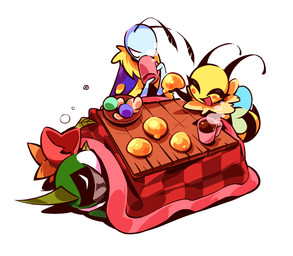 ambiguous_gender antennae_(anatomy) anthro arthropod_abdomen beverage blue_body cheek_spots container cup empty_eyes eyelashes food furniture green_body group happy holding_beverage holding_food holding_object horn kotatsu lying on_side open_mouth open_smile plant simple_background sleeping smile table trio white_background wings yellow_body rhgj8108 bug_fables moonsprout_games chompy_(bug_fables) kabbu_(bug_fables) leif_(bug_fables) vi_(bug_fables) arthropod bee beetle elemental_creature flora_fauna hymenopteran insect lepidopteran moth 2023 hi_res