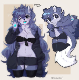 anthro big_breasts bottomwear breasts chibi clothed clothing female jacket leggings legwear shorts simple_background skimpy solo topwear under_boob wide_hips ressue ress_(ress_ue) canid canine canis mammal wolf hi_res watermark