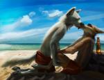 2018 anthro anthro_on_anthro beach beverage black_nose canid canine claws clothed clothing cloud duo eyes_closed french_kissing fur grey_body grey_fur kissing male male/male mammal multicolored_body multicolored_fur outside pawpads paws sea seaside sky swish tongue tongue_out topless two_tone_body two_tone_fur water whiskers