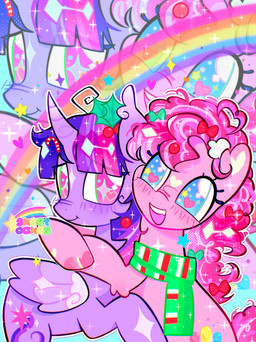 blush candy dessert duo female feral food heart_eyes heart_symbol horn hug rainbow ribbons scarf star_eyes wings skeetcakes friendship_is_magic hasbro my_little_pony mythology pinkie_pie_(mlp) twilight_sparkle_(mlp) earth_pony equid equine horse mammal mythological_creature mythological_equine pony winged_unicorn hi_res