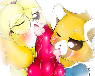 anthro blush collaborative collaborative_fellatio collaborative_oral collaborative_sex duo_focus erection eyewear faceless_character faceless_male fellatio female female_focus fur genitals glasses group group_sex knot knot_lick knotted_penis licking male male/female oral penile penis sex threesome tongue tongue_out trio yellow_body yellow_fur gatotorii aggretsuko animal_crossing nintendo sanrio isabelle_(animal_crossing) retsuko ailurid canid canine canis domestic_dog mammal red_panda shih_tzu toy_dog absurd_res hi_res