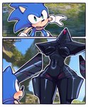 anthro blade blade_arm blush breasts curvy_figure duo female floating_hands looking_up machine male male/female navel size_difference small_waist thick_thighs wide_hips butter_sugoi sega sonic_frontiers sonic_the_hedgehog_(series) ninja_(sonic_frontiers) sonic_the_hedgehog eulipotyphlan hedgehog humanoid mammal robot robot_humanoid comic hi_res