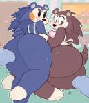 2018 animal_crossing anthro apron apron_only bed big_butt blue_ears blush breast_squish breasts breasts_frottage brown_ears butt clothing disembodied_penis duo_focus erection eulipotyphlan female female_focus freckles furniture genitals group hedgehog hi_res huge_butt kilinah looking_back lying mabel_able male male/female mammal mostly_nude nintendo on_side penis sable_able short_stack sibling_(lore) sister_(lore) sisters_(lore) squish thick_thighs wide_hips