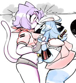 ahoge anthro blue_body blue_fur blue_hair clothing duo female female/female fur gloves hair handwear jacket jacket_vest kerchief kiss_on_lips kissing leaf leaf_in_hair melee_weapon midriff_jacket ninja_outfit panty_peek pink_body pink_fur purple_hair red_clothing red_jacket red_jacket_vest red_topwear red_vest sword sword_on_back topwear vest weapon weapon_on_back anaugi penny_(anaugi) sakura_(anaugi) canid canine domestic_cat felid feline felis mammal raccoon_dog tanuki hi_res trans_(lore) trans_woman_(lore)
