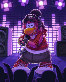 ambiguous_gender anthro black_clothing black_gloves black_hair black_handwear bottomwear bracelet clothing electronics female footwear gloves gold_(metal) gold_bracelet gold_jewelry grey_bottomwear grey_clothing grey_pants group hair handwear holding_microphone holding_object hoodie jewelry looking_at_viewer microphone multicolored_hair open_mouth pants pink_body pink_hair pink_skin red_clothing red_footwear red_hoodie red_shoes red_topwear shoes solo_focus speaker spotlight topwear two_tone_hair upper_teeth_only kimbacpt club_penguin avian bird penguin hi_res