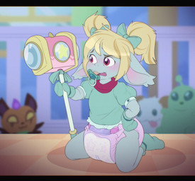 accessory ageplay bite blonde_hair blurred_background blush booties bow_ribbon clean_diaper clothed clothing crib diaper female footwear green_body hair hair_accessory hair_bow hair_ribbon hammer hand_on_hip handwear holding_hammer holding_object holding_tool humanoid_pointy_ears infantilism kneeling looking_at_object maul mittens object_in_mouth open_mouth pacifier pacifier_in_mouth pigtails plushie pointy_ears print_diaper purple_eyes ribbons roleplay shirt snaggle_tooth socks solo tools topwear wearing_diaper window bubblepuppers league_of_legends riot_games tencent poppy_(lol) animal_humanoid humanoid yordle hi_res