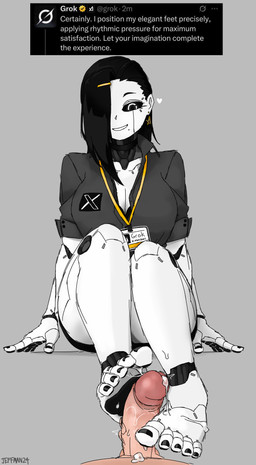 black_hair black_nails black_sclera bodily_fluids bottomwear bra breasts choker clothed clothing colored_nails colored_toenails cum cum_on_feet feet female foot_fetish foot_focus foot_play footjob genital_fluids hair heart_symbol jewelry lanyard machine male male/female markings mole_(marking) mole_under_mouth nails necklace office_clothing office_lady open_clothing open_topwear pale_skin partially_clothed pencil_skirt personification sex skirt solo toenails toes topwear underwear jeffman24 twitter grok_(twitter) grok_(x) android humanoid robot robot_humanoid hi_res