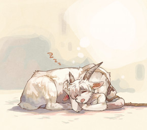 2_horns eyes_closed fur horn male on_ground sleeping solo sound_effects vowelless vowelless_sound_effect white_body white_fur zzz mullmull bovid bovid_taur caprine caprine_taur goat goat_taur mammal mammal_taur taur
