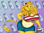 anthro big_breasts biped blue_eyes breasts bucket clothed clothing container cowbell female hair horn milk navel simple_background slightly_chubby solo tail thick_thighs yellow_body dutch_(artist) mrs._bull bovid bovine cattle mammal