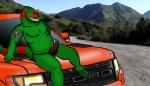 akice alaska anthro bodily_fluids digital_media_(artwork) dinosaur dromaeosaurid erection ford ford_raptor genital_fluids genitals green_body green_skin hi_res light_truck male nude on_hood penis pickup_truck precum prehistoric_species presenting racer89 reptile scalie smile smirk solo tail tattoo theropod truck_(vehicle) unknown_artist vehicle velociraptor