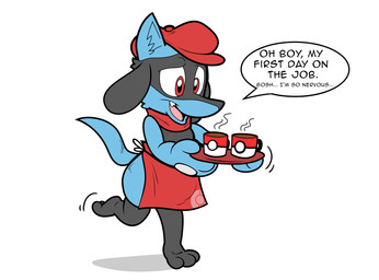 anthro apron black_body black_fur blue_body blue_fur clothing coffee_mug dialogue fur hat headgear headwear male multicolored_body multicolored_fur red_apron red_cap red_clothing red_eyes red_hat red_headwear simple_background solo speech_bubble text waiter waiter_tray white_background young young_anthro floofyboyetime nintendo pokemon generation_4_pokemon pokemon_(species) riolu english_text hi_res