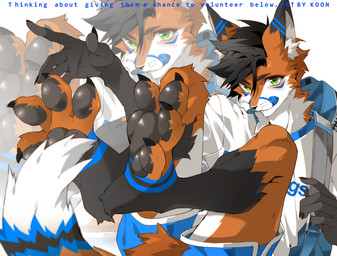 4_toes anthro blush feet keeperfr male paws solo tail text toes flflzkzh canid canine fox mammal beans_(disambiguation) black blue orange white english_text hi_res