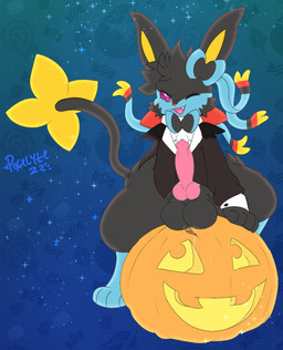 balls bow_(anatomy) feral food fruit genitals holidays knot knotted_penis male one_eye_closed penis plant pumpkin ribbons_(anatomy) smile smirk solo tail wink pyxelyteart_(artist) halloween nintendo pokemon fan_character sanas eeveelution generation_4_pokemon generation_6_pokemon hybrid luxray pokemon_(species) sylveon vampire 2022 dated hi_res signature