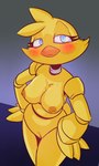 animatronic anthro avian beak big_breasts blue_eyes blush breasts chica_(fnaf) feathers female five_nights_at_freddy's genitals hi_res jailbait_knight looking_at_viewer machine nipples non-mammal_breasts non-mammal_nipples nude orange_beak pussy robot scottgames solo yellow_body yellow_feathers