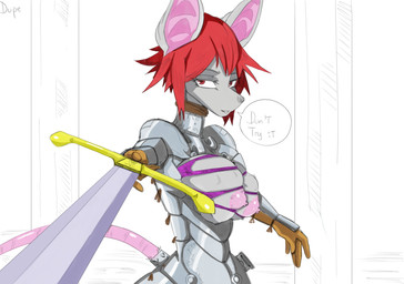 anthro armor big_breasts breasts clothing female huge_breasts knight melee_weapon scabbard solo sword torn_clothing warrior weapon duplicatename mammal murid murine rat rodent