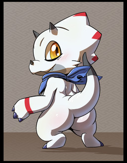ambiguous_gender anthro black_border black_claws black_outline blush border butt chibi claws facial_horn horn kerchief looking_at_viewer looking_back nose_horn outline raised_tail rear_view simple_background solo standing tail white_body yellow_eyes lkiws bandai_namco digimon digimon_ghost_game ceratopsian digimon_(species) dinosaur gammamon ornithischian prehistoric_species reptile scalie full-length_portrait hi_res portrait