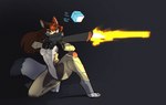 bodysuit brown_hair clothing female fur green_eyes grey_body grey_fur gun hair muzzle_flash ranged_weapon rifle shooting simple_background skinsuit solo tight_clothing weapon feretta alorie_mon_siviel canid canine fox mammal 2022 hi_res