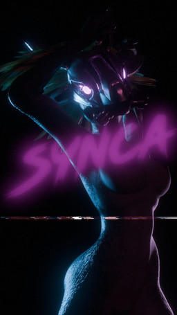 anthro arm_feathers arm_tuft armor arms_above_head breasts feather_hair feathered_crest feathers female gas_mask glowing glowing_eyes grey_body grey_scales head_crest headgear headgear_only helmet helmet_only mask nipples non-mammal_breasts parody pink_eyes pose pseudo_hair retro scales solo synthwave tuft yellow_body yellow_feathers synca pickle_juice_(modeler) halo_(series) microsoft the_midnight xbox_game_studios syn_cah alien avian kig-yar scalie t'vaoan 3d_(artwork) 9:16 album_cover cover digital_media_(artwork) hi_res