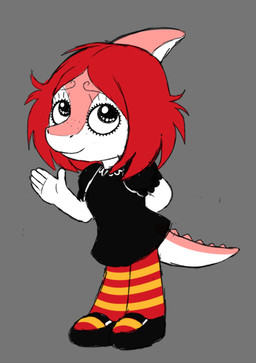 5_fingers alternate_species anthro black_eyes bone_frill clothing cosplay crossover_cosplay eyelashes female fingers freckled_face freckles frill_(anatomy) furrification gesture grey_background hair legwear long_tail multicolored_body multicolored_scales pattern_clothing pattern_legwear pattern_stockings pink_body pink_scales red_hair scales short_hair simple_background smile snout solo spiked_tail spikes spikes_(anatomy) stockings striped_clothing striped_legwear striped_stockings stripes tail two_tone_body two_tone_scales waving white_body white_scales jauntyweb cavemanon_studios ruby_gloom_(series) snoot_game ruby_gloom dinosaur hadrosaurid ornithischian ornithopod parasaurolophus prehistoric_species reptile scalie 2024 crossover digital_drawing_(artwork) digital_media_(artwork)